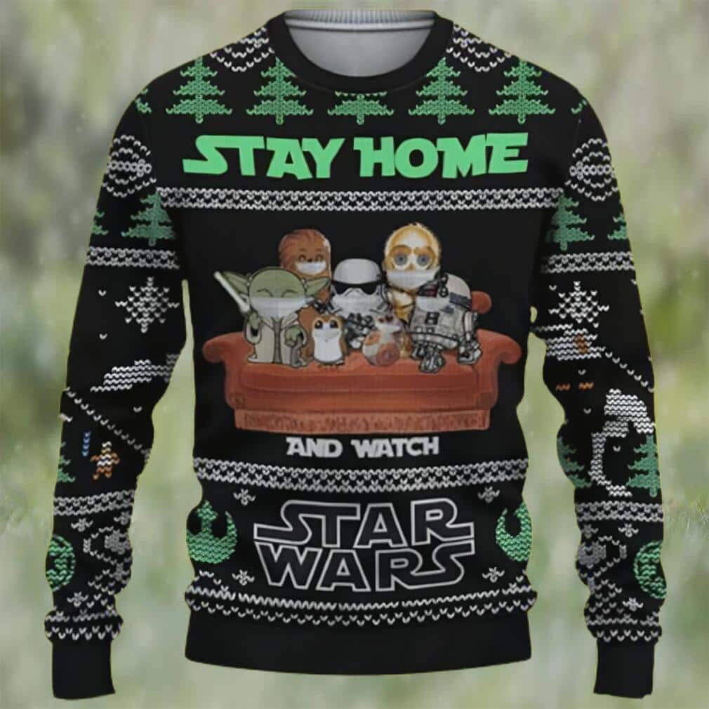 Funny Baby Yoda Star Wars Ugly Christmas Sweater Stay Home And Watch