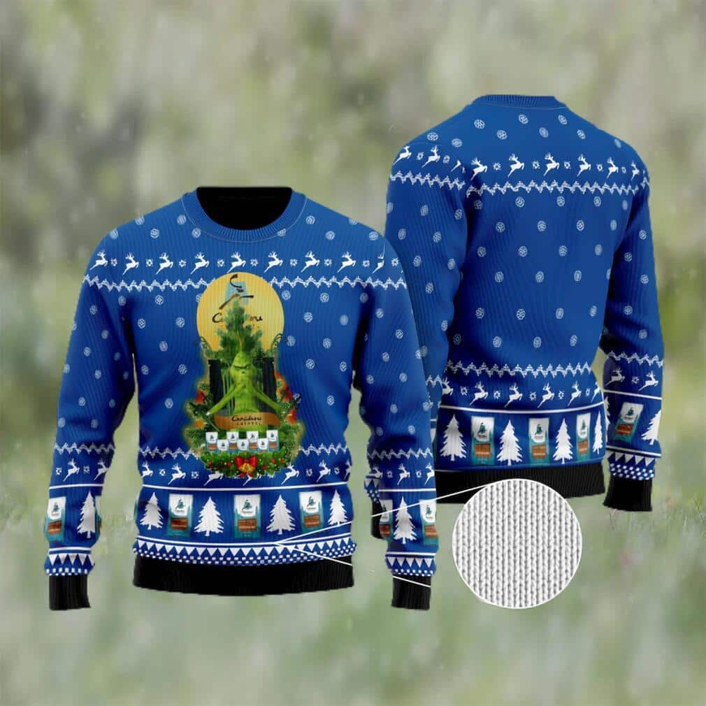 Blue Grinch Caribou Coffee Ugly Christmas Sweater Snowflake Pattern Blue Grinch Caribou Coffee Ugly Christmas Sweater Snowflake Pattern