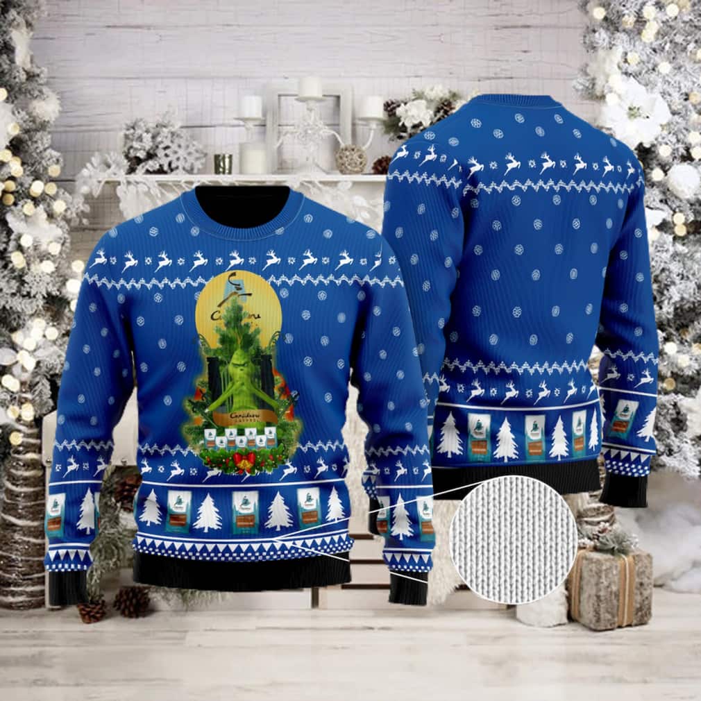 Blue Grinch Caribou Coffee Ugly Christmas Sweater Snowflake Pattern Blue Grinch Caribou Coffee Ugly Christmas Sweater Snowflake Pattern