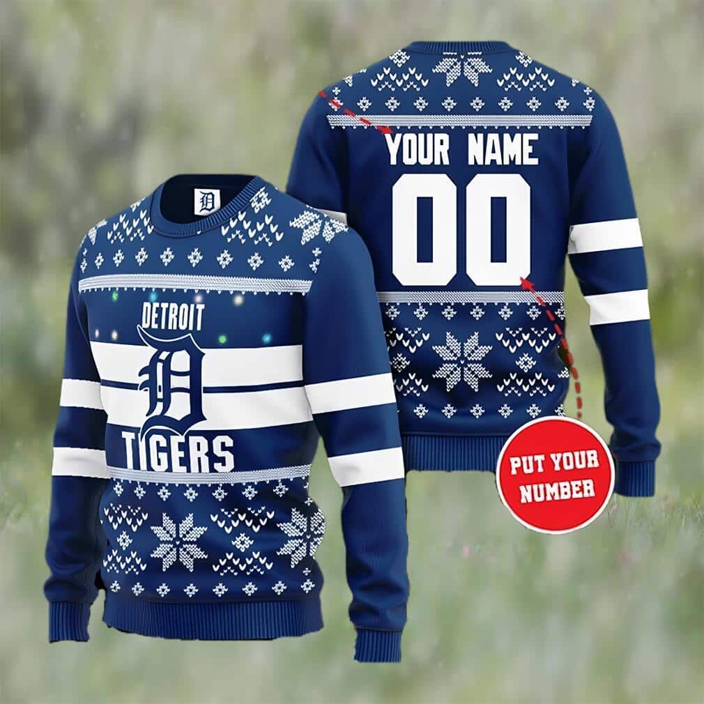 Blue MLB Detriot Tigers Ugly Christmas Sweater Custom Name Blue MLB Detriot Tigers Ugly Christmas Sweater Custom Name