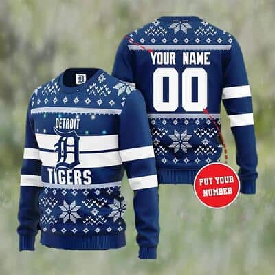 Blue MLB Detriot Tigers Ugly Christmas Sweater Custom Name