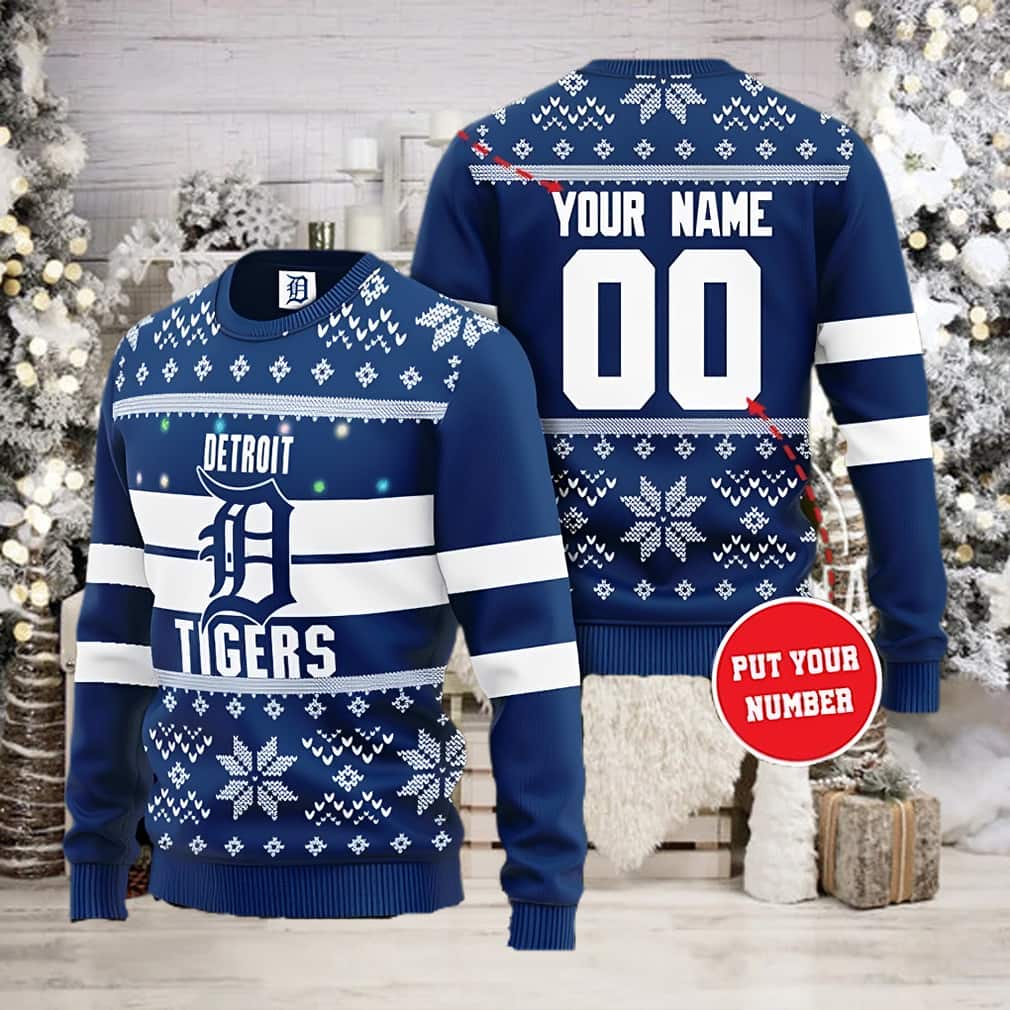 Blue MLB Detriot Tigers Ugly Christmas Sweater Custom Name Blue MLB Detriot Tigers Ugly Christmas Sweater Custom Name