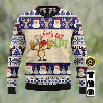 Funny Beer Ugly Christmas Sweater Reindeer Let&rsquo;s Get Lit
