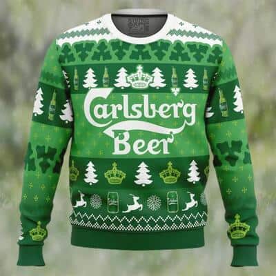 Green Carlsberg Beer Ugly Christmas Sweater Snowflake Pine Tree