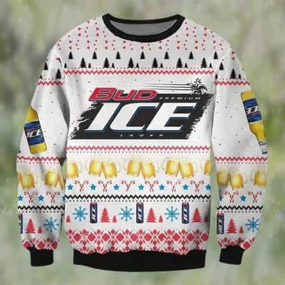 Bud Ice Lager Beer Ugly Christmas Sweater Snowflake Pine Tree