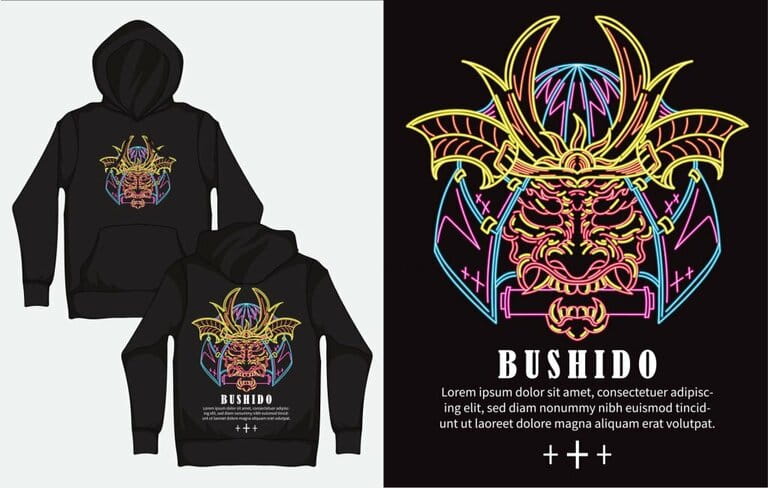 Hoodie with street fashion design, cruel samurai, bushido Hoodie with street fashion design, cruel samurai, bushido