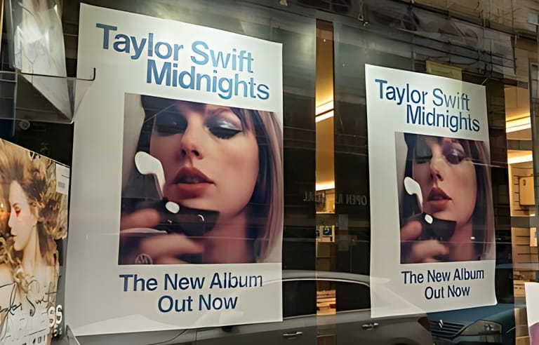Newcastle upon Tyne, UK. January 29th, 2023. Publicity materials for Taylor Swift's album Midnights on display in a record shop window.