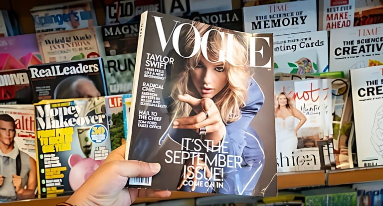 San Francisco, USA - August 2019: Hand holding a copy of Vogue magazine with Taylor Swift on cover