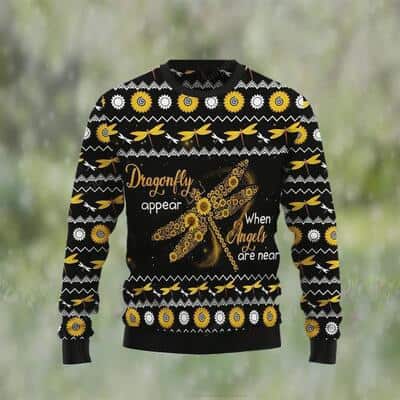 Black Dragonfly Ugly Christmas Sweater Sunflower Dragonfly Appear When Angels Are Near