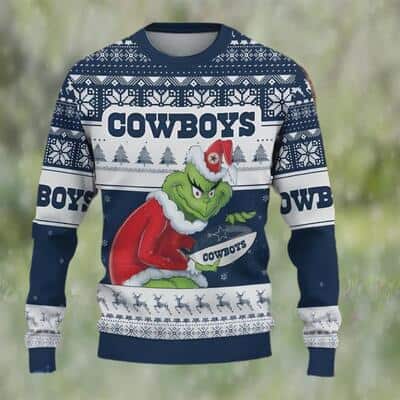 Funny Grinch NFL Dallas Cowboys Ugly Christmas Sweater Snowflake Reindeer Pattern