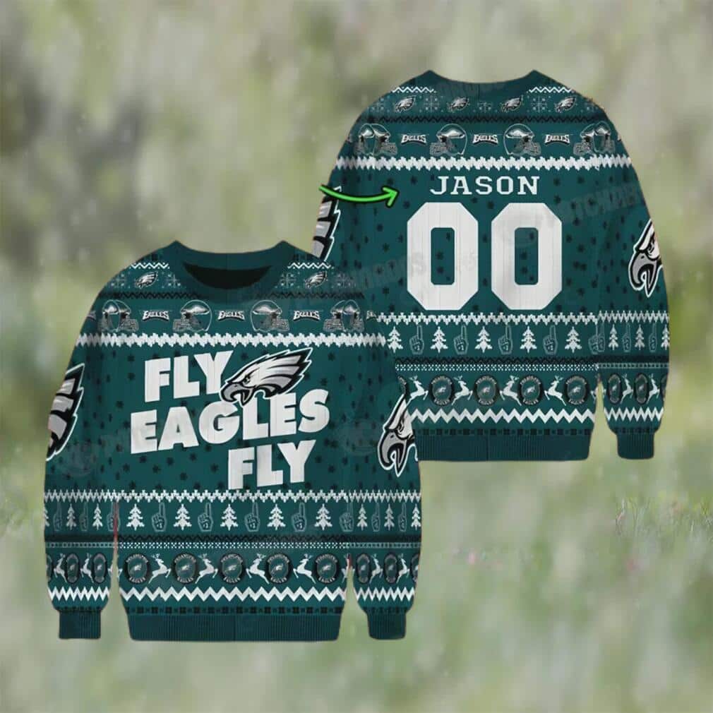 Green NFL Philadelphia Eagles Ugly Christmas Sweater Fly Eagles Fly Custom Name And Number