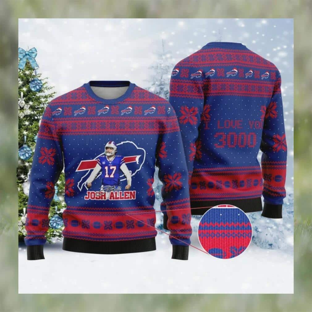 Josh Allen NFL Buffalo Bills Ugly Christmas Sweater I Love You 3000 Josh Allen NFL Buffalo Bills Ugly Christmas Sweater I Love You 3000