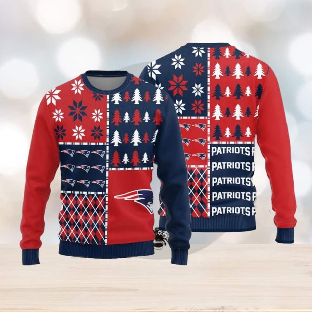 NFL New England Patriots Ugly Christmas Sweater Snowflake Pine Tree Pattern NFL New England Patriots Ugly Christmas Sweater Snowflake Pine Tree Pattern