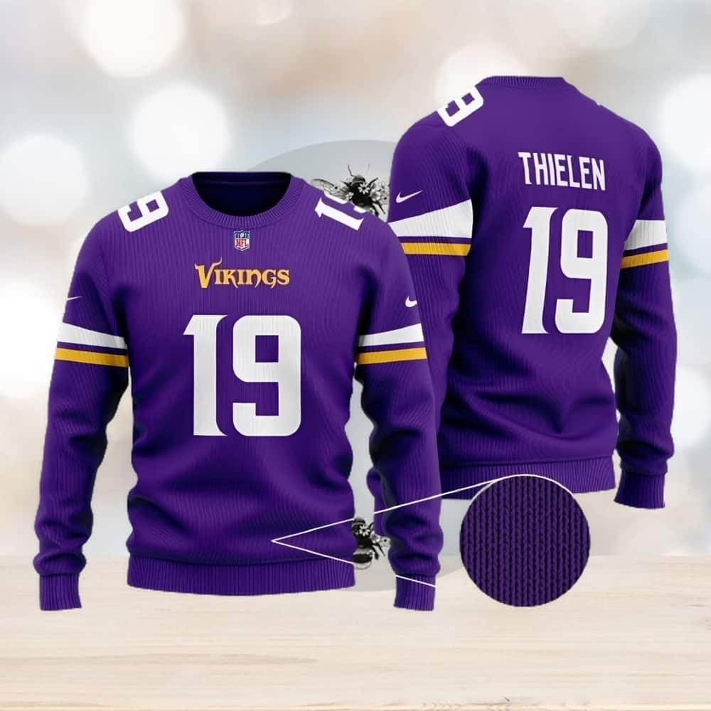 Purple NFL Minnesota Vikings Ugly Christmas Sweater Thielen 19 Season Custom Name And Number