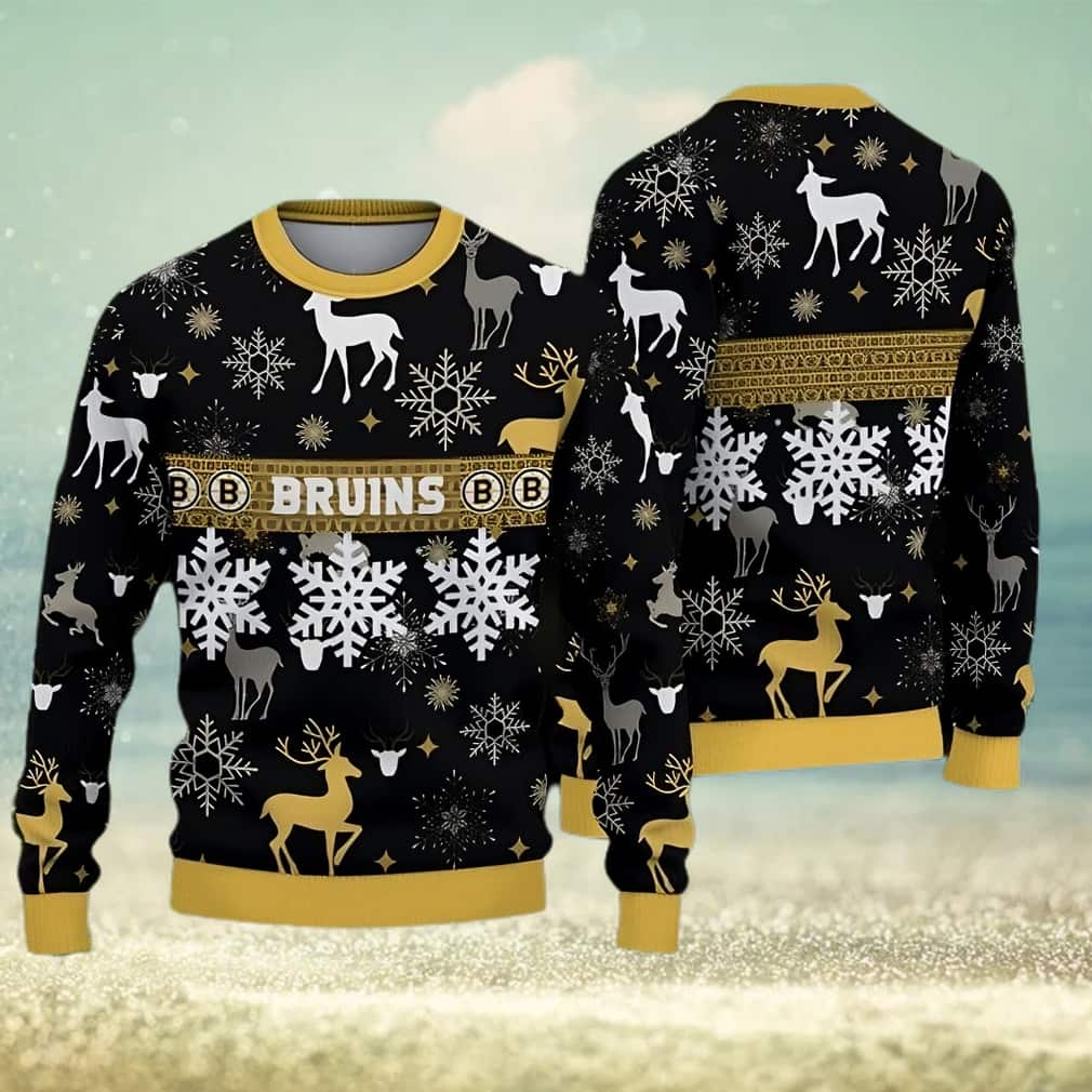 NHL Boston Bruins Ugly Christmas Sweater Snowflake Reindeer NHL Boston Bruins Ugly Christmas Sweater Snowflake Reindeer