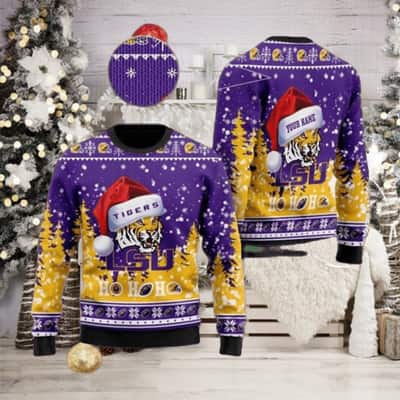 NCAA LSU Tigers Ugly Christmas Sweater Santa Claus Hat Ho Ho Ho Custom Name