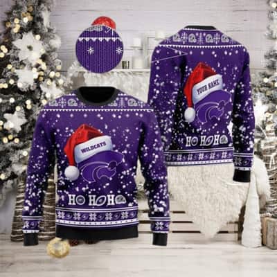 NCAA Kansas State Wildcats Ugly Christmas Sweater Santa Claus Hat Ho Ho Ho Custom Name