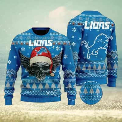 Blue NFL Detroit Lions Ugly Christmas Sweater Skull Santa