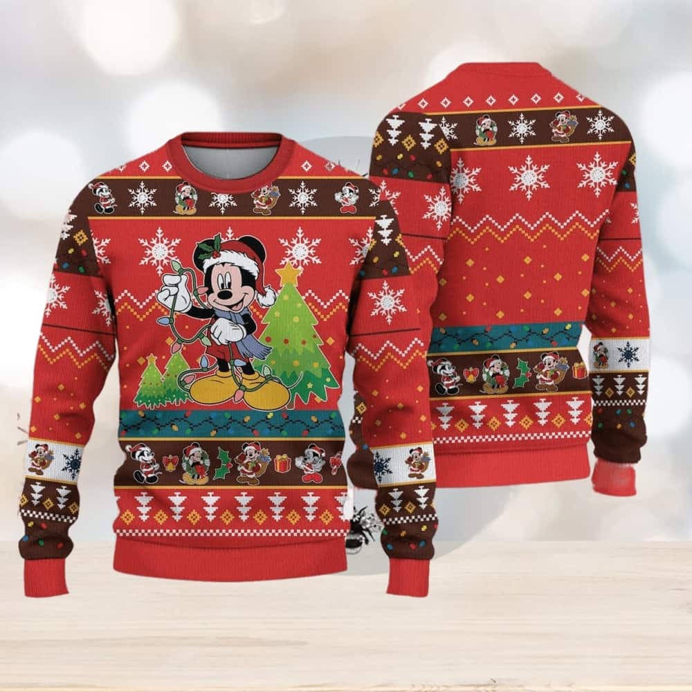 Red Disney Mickey Mouse Ugly Christmas Sweater Pine Tree