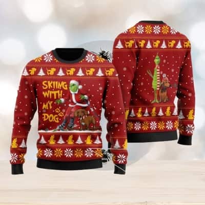 Grinch And Dachshund Ugly Christmas Sweater Skiing With My Dog