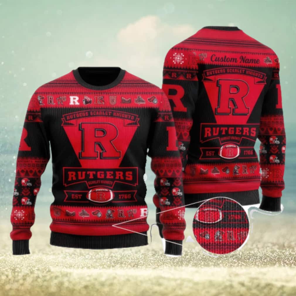 NCAA Rutgers Scarlet Knights Ugly Christmas Sweater Custom Name NCAA Rutgers Scarlet Knights Ugly Christmas Sweater Custom Name