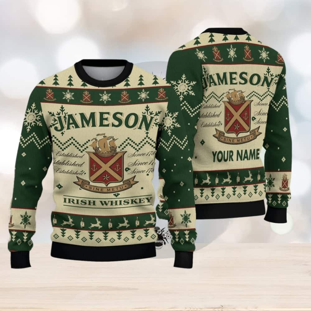 Jameson Irish Whiskey Ugly Christmas Sweater Custom Name Pine Tree Jameson Irish Whiskey Ugly Christmas Sweater Custom Name Pine Tree
