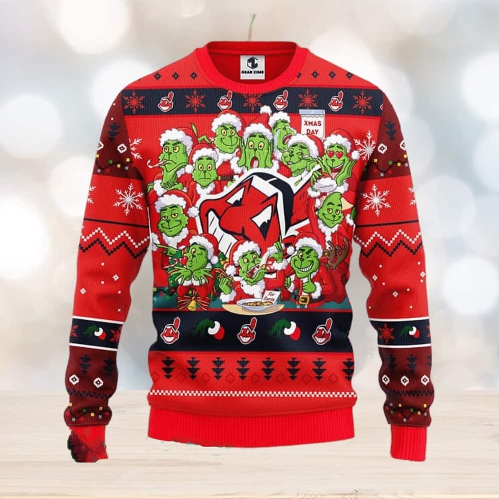 Red MLB Cleveland Indians Ugly Christmas Sweater Cute 12 Grinch Face Red MLB Cleveland Indians Ugly Christmas Sweater Cute 12 Grinch Face