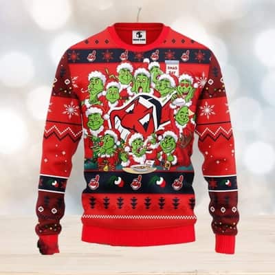 Red MLB Cleveland Indians Ugly Christmas Sweater Cute 12 Grinch Face