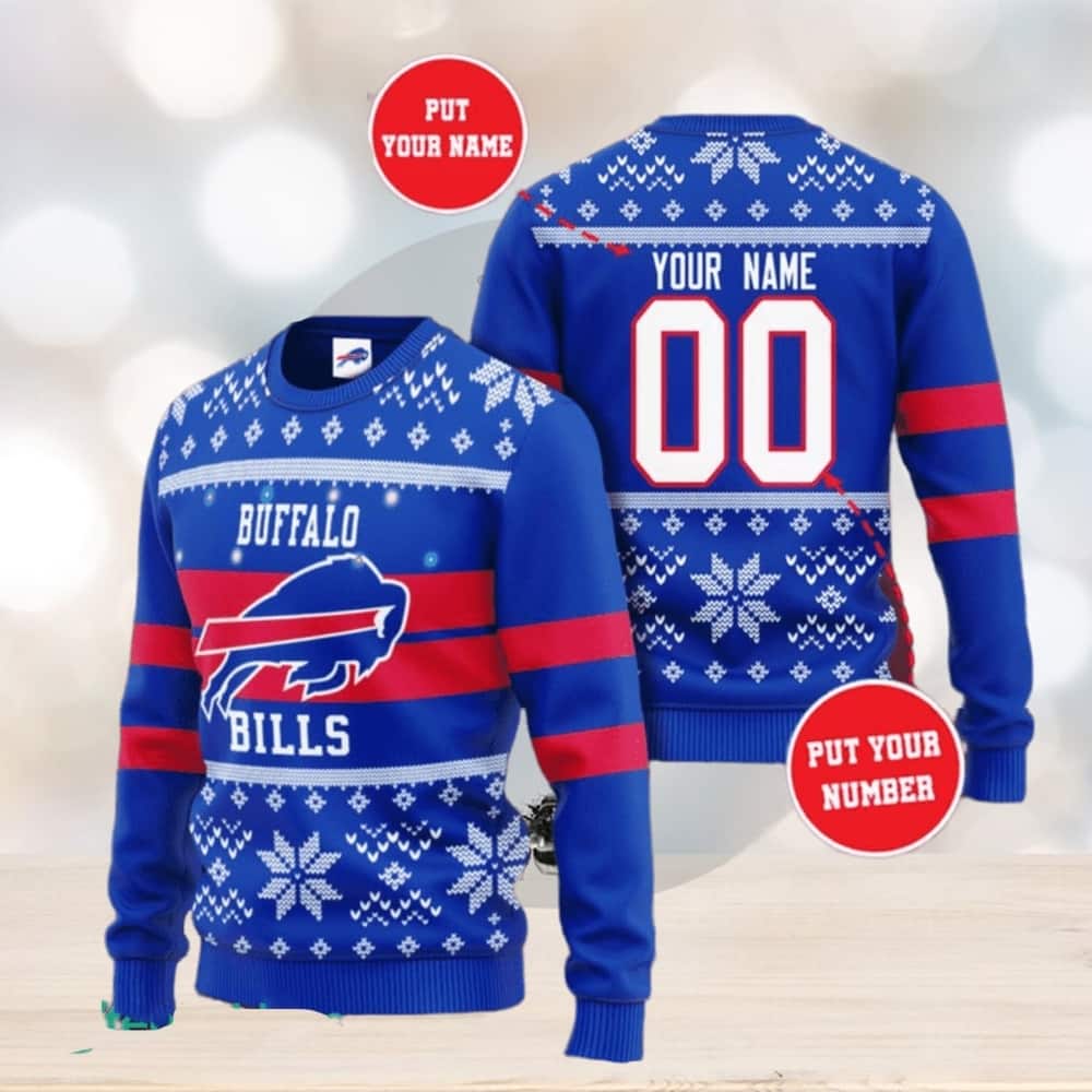 Blue NFL Buffalo Bills Ugly Christmas Sweater Custom Name Number Blue NFL Buffalo Bills Ugly Christmas Sweater Custom Name Number