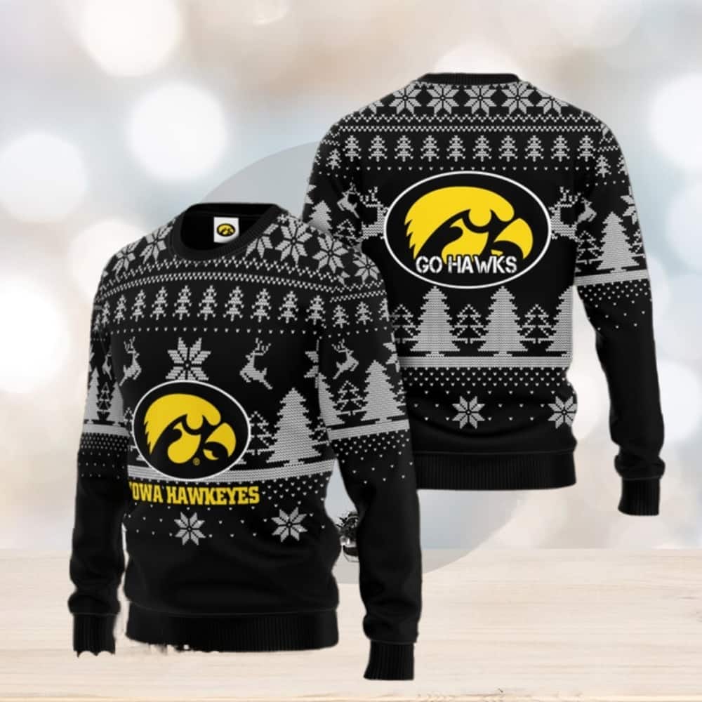 Black NCAA Iowa Hawkeyes Ugly Christmas Sweater Black NCAA Iowa Hawkeyes Ugly Christmas Sweater