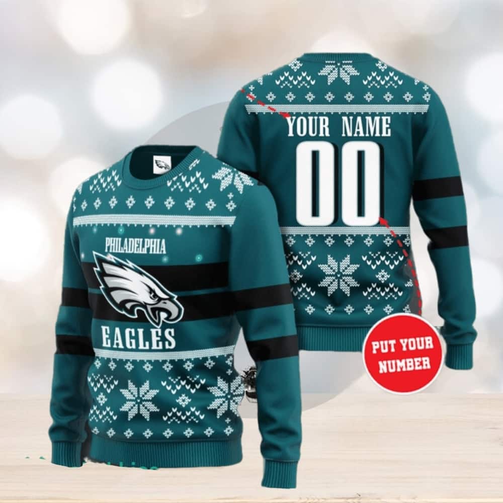 Green NFL Philadelphia Eagles Ugly Christmas Sweater Custom Name Number Green NFL Philadelphia Eagles Ugly Christmas Sweater Custom Name Number