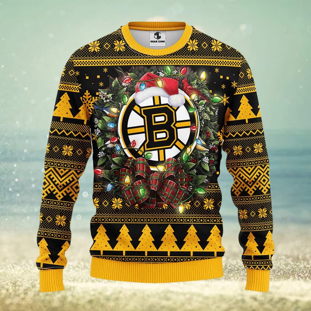 NHL Boston Bruins Ugly Christmas Sweater Snowflake Pine Tree