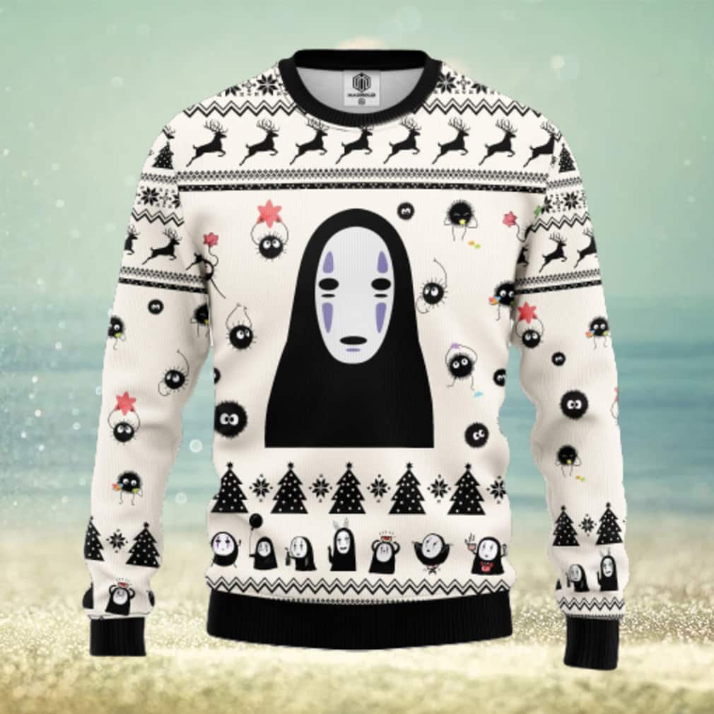 White No Face Ugly Christmas Sweater Reindeer Pine Tree White No Face Ugly Christmas Sweater Reindeer Pine Tree