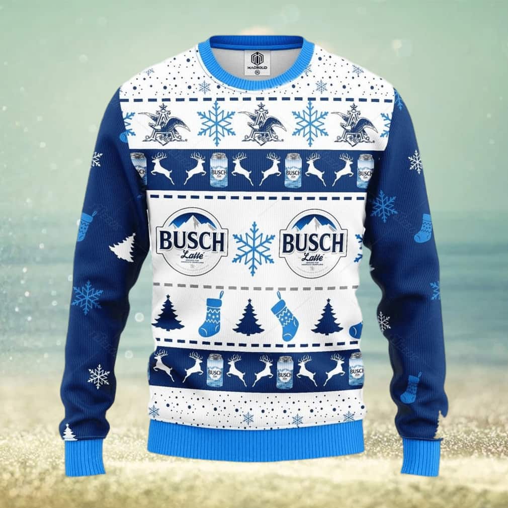 Busch Latte Beer Ugly Christmas Sweater Snowflake Pine Tree Reindeer