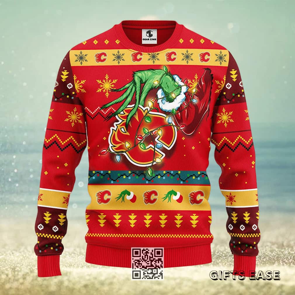 Red Grinch NHL Calgary Flames Ugly Christmas Sweater Red Grinch NHL Calgary Flames Ugly Christmas Sweater