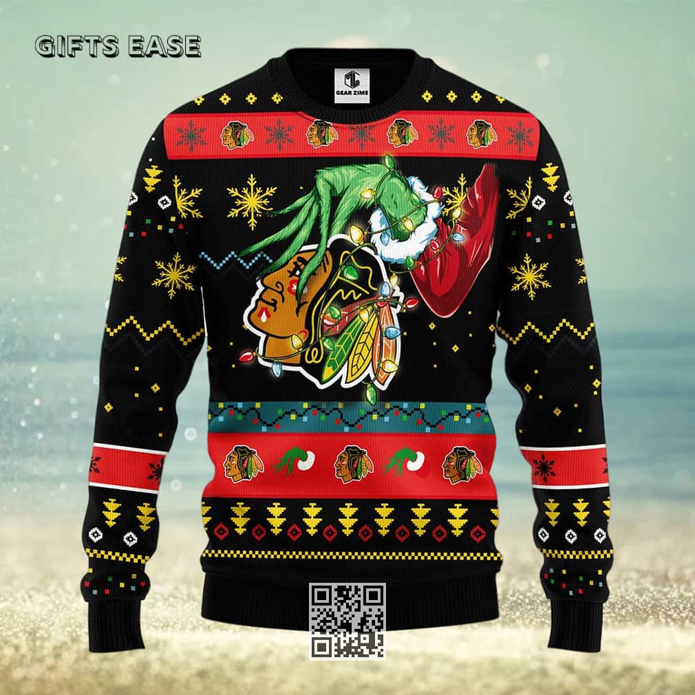 Black Grinch NHL Chicago Blackhawks Ugly Christmas Sweater Black Grinch NHL Chicago Blackhawks Ugly Christmas Sweater