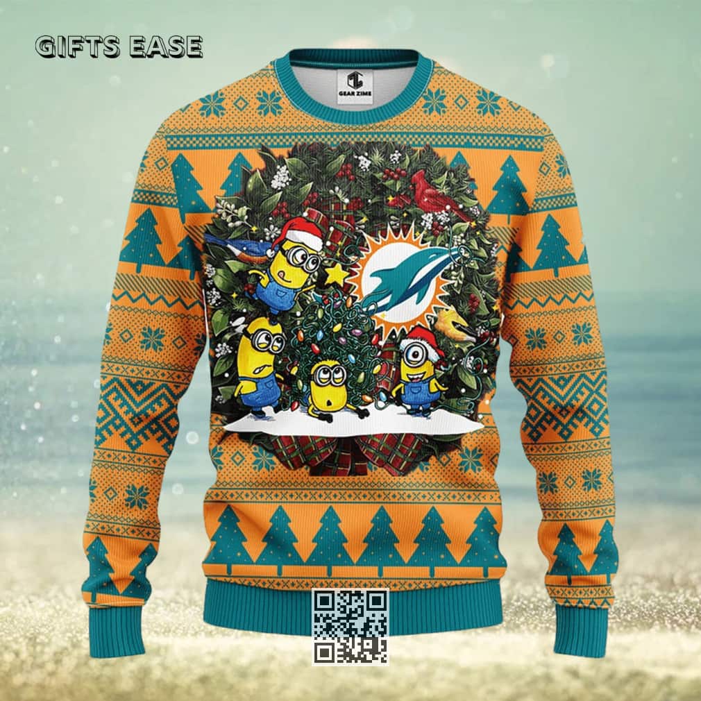 Cute Minion NFL Miami Dolphins Ugly Christmas Sweater Cute Minion NFL Miami Dolphins Ugly Christmas Sweater