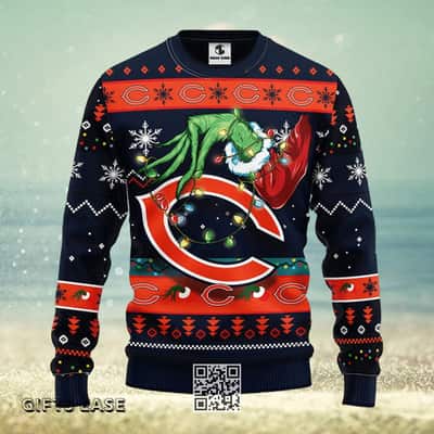 Funny Grinch NFL Chicago Bears Ugly Christmas Sweater Snowflake Pattern