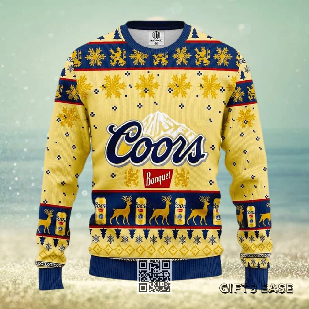 Coors Banquet Beer Ugly Christmas Sweater Snowflake Pattern
