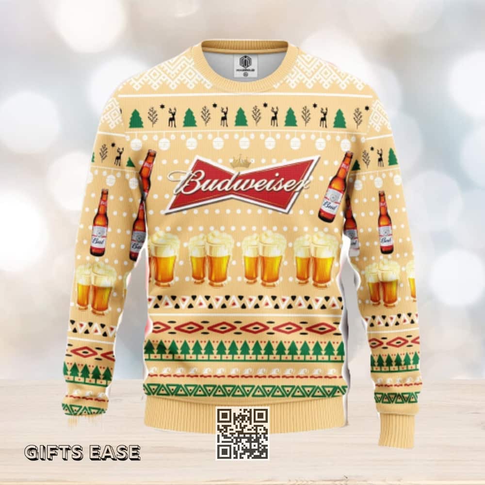 Budweiser Beer Ugly Christmas Sweater Snowflake Pine Tree