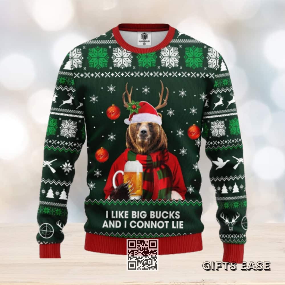 Beer Bear Ugly Christmas Sweater I Like Big Bucks And I Connot Lie