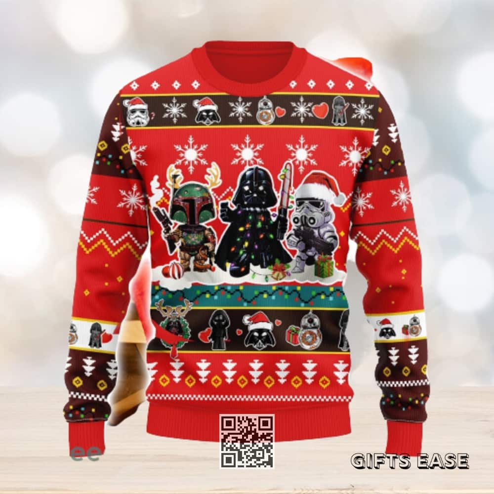 Red Star Wars Ugly Christmas Sweater Chibi Darth Vader Stormtroopers Boba Fett