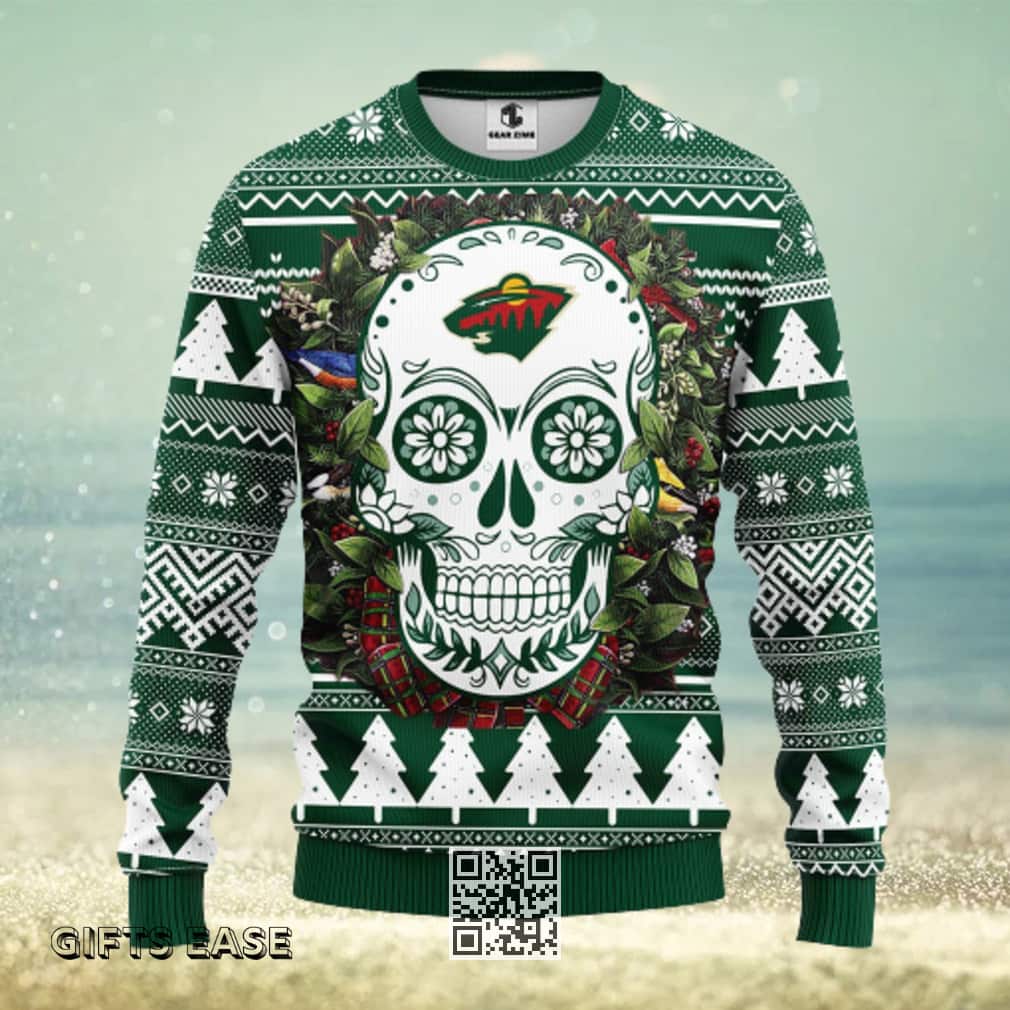 Green NHL Minnesota Wild Ugly Christmas Sweater Skull Flower