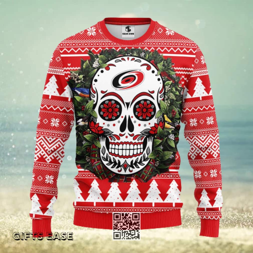 Red NHL Carolina Hurricanes Skull Flower Ugly Christmas Sweater