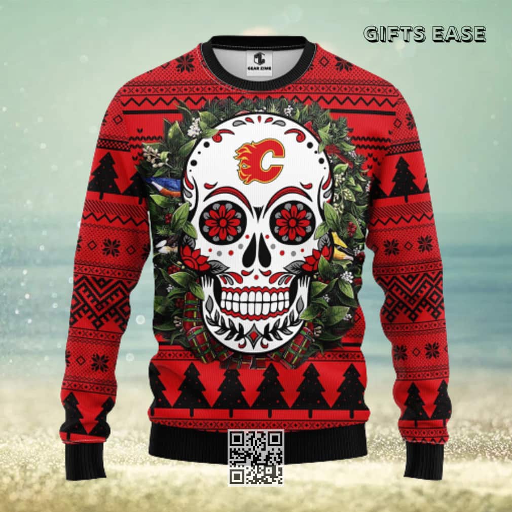 NHL Calgary Flames Ugly Christmas Sweater Skull Flower