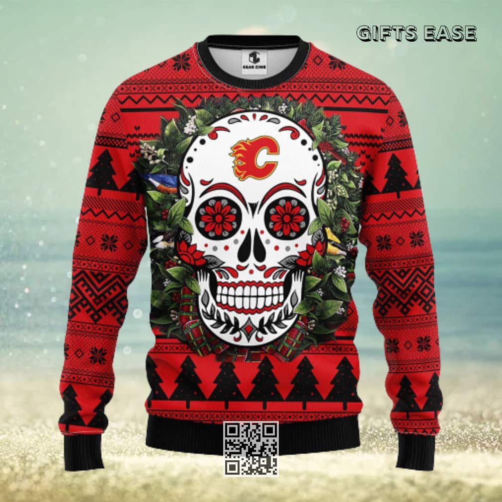 NHL Calgary Flames Ugly Christmas Sweater Skull Flower NHL Calgary Flames Ugly Christmas Sweater Skull Flower