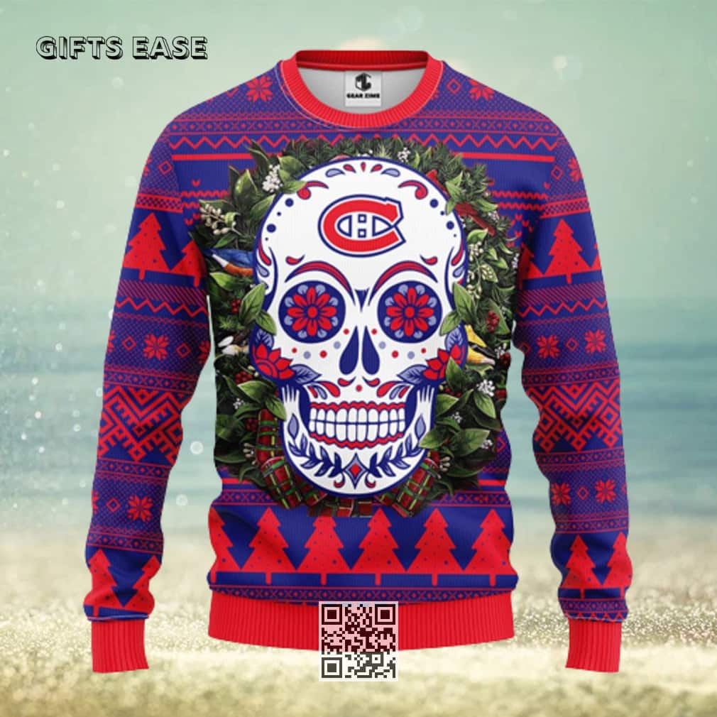 NHL Montreal Canadians Ugly Christmas Sweater Skull Flower