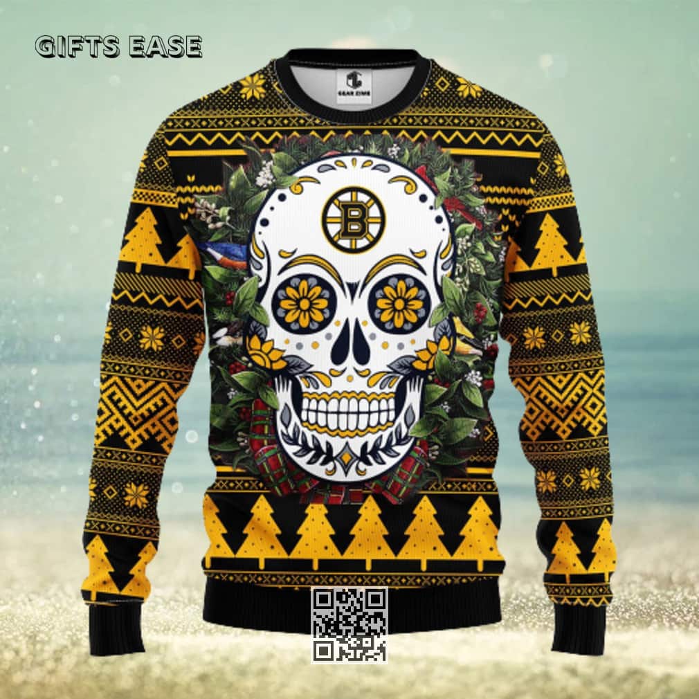 NHL Boston Bruins Ugly Christmas Sweater Skull Flower