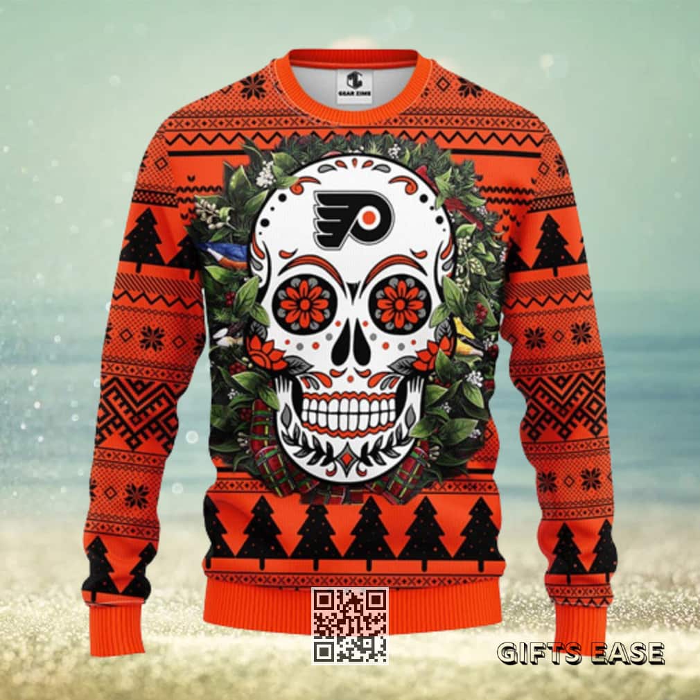 NHL Philadelphia Flyers Ugly Christmas Sweater Skull Flower