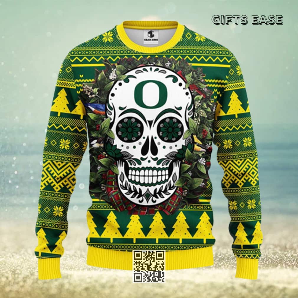 NCAA Oregon Ducks Ugly Christmas Sweater Skull Flower NCAA Oregon Ducks Ugly Christmas Sweater Skull Flower